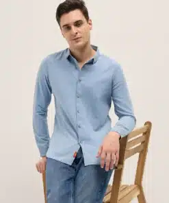 Light Blue Solid Slim Fit Denim Casual Shirt