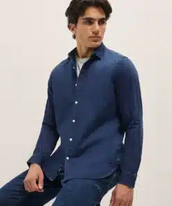 Blue Solid Slim Fit Denim Casual Shirt