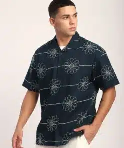 Navy Blue Cuban Shirt with Floral Embroidery