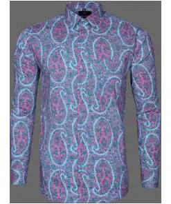 Blue Pink Floral Printed Cotton Shirt for Men