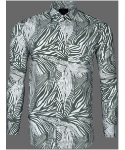 Men's White with Khaki Wavy Striped Cotton Shirt