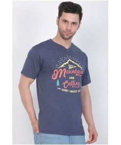 Blue Melange Cotton Jersey V-Neck Printed Men's T-shirt