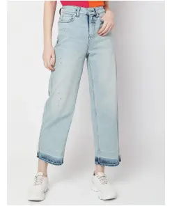 Blue High Rise Washed Straight Fit Jeans For Women