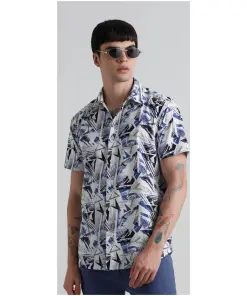 White Abstract Print Short Sleeves Shirt