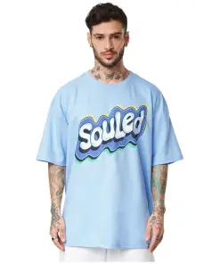 Sky Blue Loose Fit Printed Oversized Crew T-Shirt