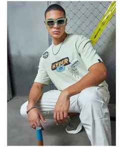 Light Green Relaxed Fit Graphic Print Oversized Crew T-Shirt