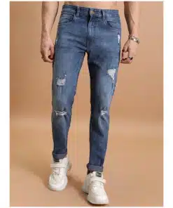 Men Light Blue Tapered Fit Highly Distressed Stretchable Jeans