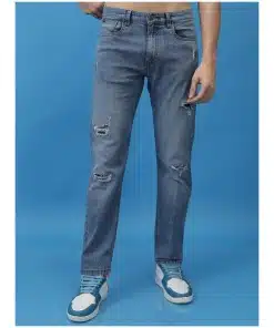 Men Light Blue Straight Fit Highly Distressed Stretchable Jeans