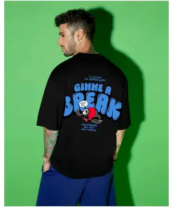Men's Black Gimme a Break Graphic Printed Oversized T-shirt