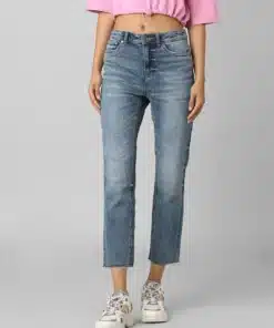 Blue High Rise Washed Straight Fit Jeans