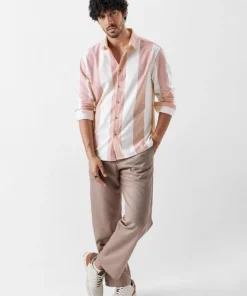 Trendy Cerise Textured Stripes Shirt for Men