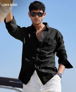 Classic Bold Black Cotton Linen Blend Shirt