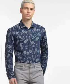 Dark Blue Floral Denim Shirt For Men