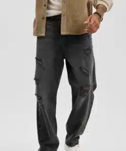 Men’s Loose Fit Streetwear Jeans – Distressed Charcoal Grey