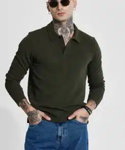 Dark Green Textured Polo Slim Fit T-Shirt