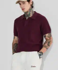 Bordeaux Burgundy Textured Relaxed Fit Polo T-Shirt