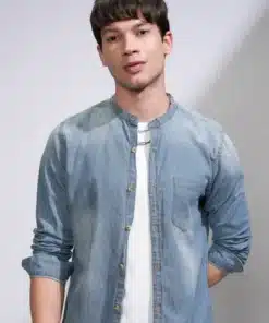 Slim Fit Faded Blue Denim Shirt for Men