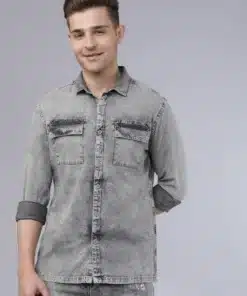 Men Grey Faded Slim Fit Casual Denim Shirts