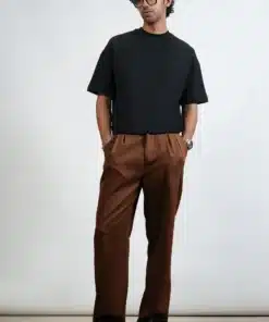 Brown Korean-Style Pants with Metal Buckle for Men