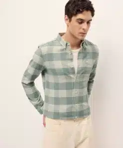 Textured Green & Beige Plaid Slim Fit Shirt for Men