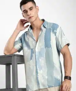 Blue Artistic Brush Stroke Short Sleeve Viscose Shirt