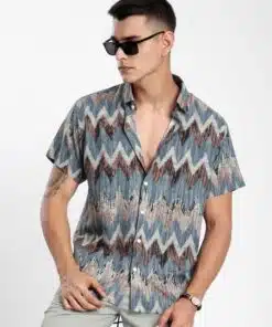 Trendy Blue Chevron Printed Viscose Shirt with Half Sleeves