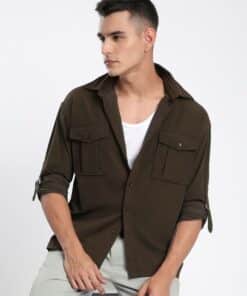 Men’s Brown Roll-Up Sleeve Casual Shirt