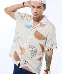 Statement Beige Printed Oversized Shirt for Men