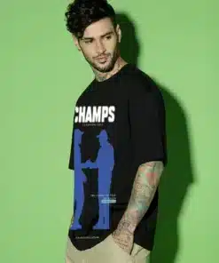 Men's Jet Black Champ Graphic Printed Oversized T-shirt