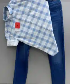 Sky Blue & White Checkered Shirt Paired with Denim Jeans