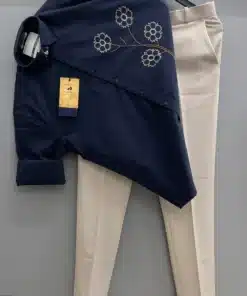 Navy Blue Flower Printed Shirt with Coordinated Trousers