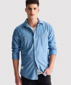 Blue Solid Denim Shirt For Men