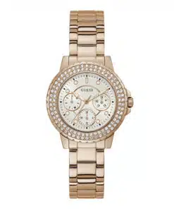 Stylish Women's Casual Watch with White Dial, Purple Features, and Rose Gold Bracelet