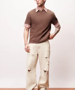 Dewy Ecru Distressed Men's Baggy Straight Jeans