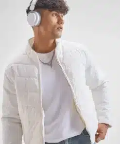 Men White Solid Puffer Jacket Warm and Lightweight