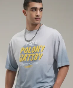 Men Grey Printed Round Neck Oversized Fit T Shirt Casual Street Style