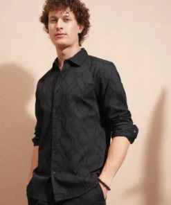 Black Self Design Slim Fit Casual Shirt