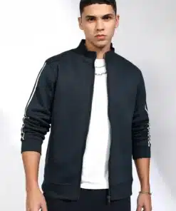 Men Navy Blue Mock Collar Front-Open Sweatshirt