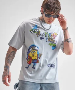 Grey Spongebob Printed Round Neck Oversized Fit T-Shirt