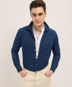 Dark Blue Solid Slim Fit Denim Casual Shirt