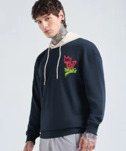 Navy Blue & Beige Top Dawg Graphic Printed Oversized Hoodies