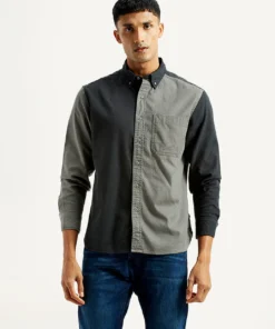 Charcoal Grey Colorblock Flannel Shirt for Men Featuring a Classic Spread Collar Design