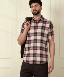 Classic Maroon Textured Cotton Shirt with Checked Detailing for a Smart Casual Vibe