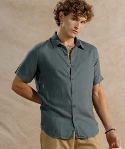 Solid Linen Blend Slim Fit Shirt in Deep Dark Blue Shade for a Refined Modern Look