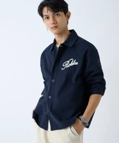 Relaxed Fit Cotton Shirt in Deep Navy Featuring a Contemporary Text Print Design