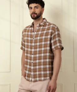 Classic Brown Short Sleeve Shirt Showcasing a Textured Fabric and Checked Design