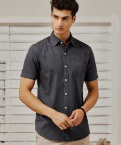 Men’s Dark Grey Satin-Finish Denim Shirt