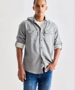 Grey Hooded Denim Shirt For Men