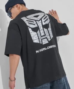 Black Transformers Printed Round Neck Oversized Fit T-Shirt