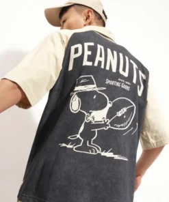 Men Black Peanuts Printed Polo Collar T-Shirt